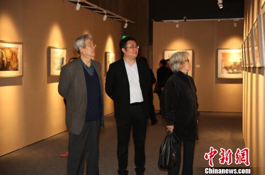 著名画家伉俪杨力舟(左一)、王迎春(右一)在观展 钟欣 摄