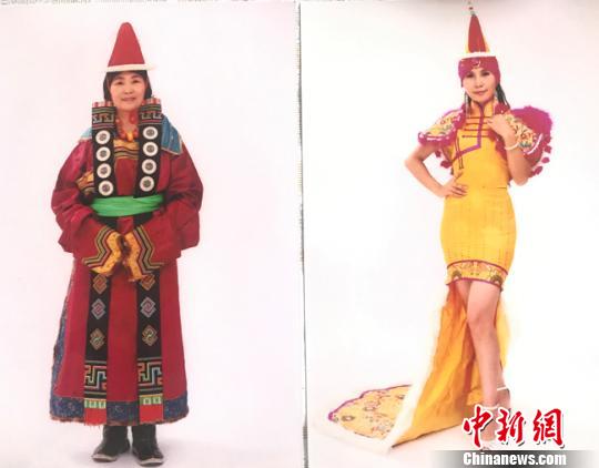 图为娜仁其其格所制传统服饰(左)和创新服饰效果对比。　艾庆龙 摄
