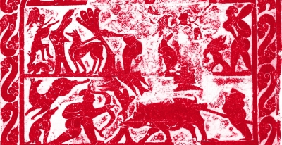 山东莒县东莞镇出土的东汉画像石中描绘的狩猎场景：上层放犬猎兔，下层二人一前一后射猎野猪（现收藏于山东莒县博物馆）。